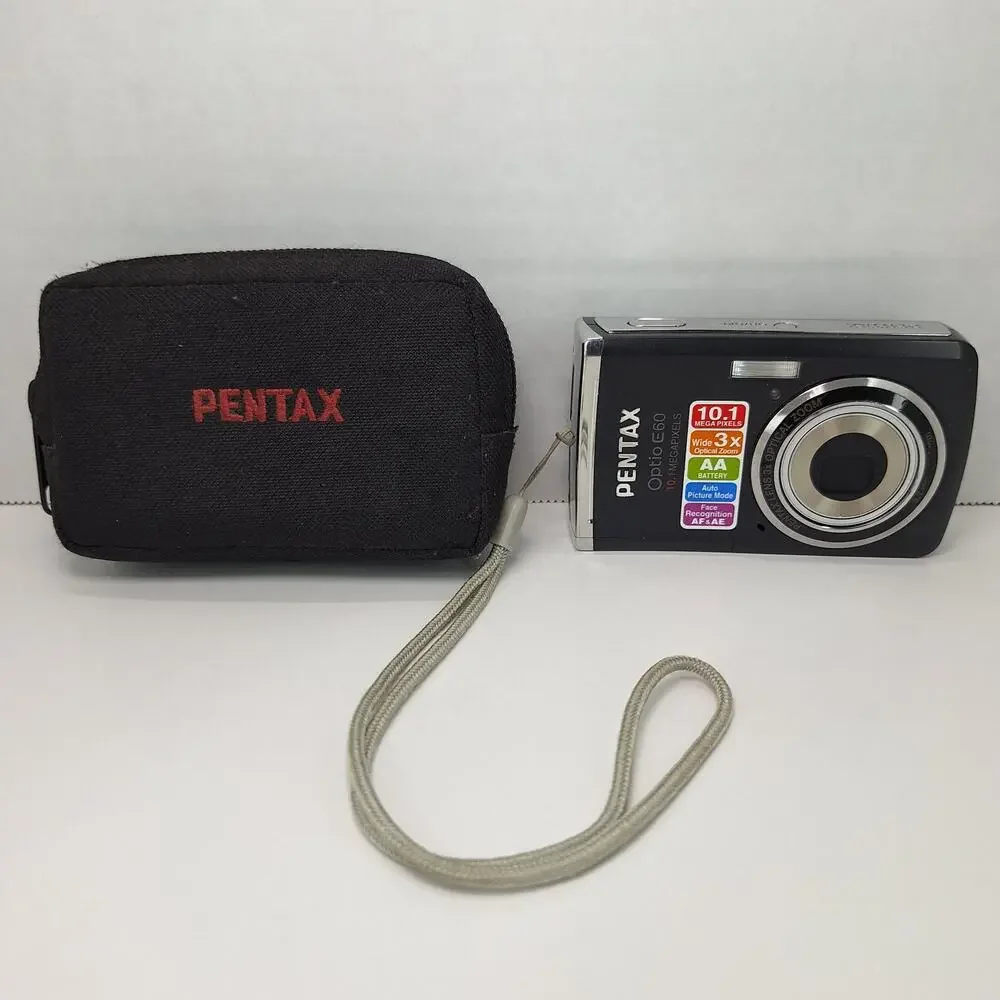 Pentax Optio E60 Compact Digital Camera Black 10.1 MP 3x Optical Zoom With Case
